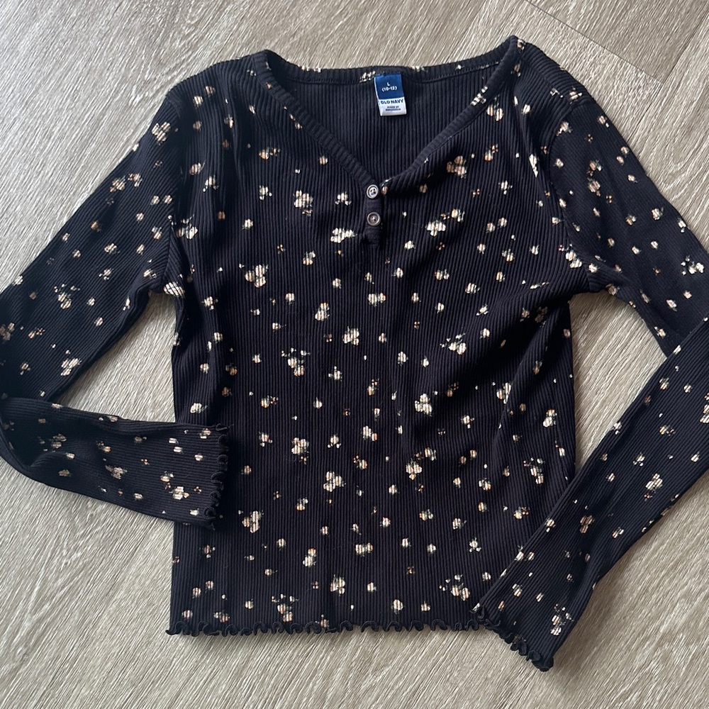 Old Navy Black Floral Long Sleeve Top girls size large (10-12)
